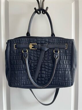 Aimee Kestenberg Navy Quilted Satchel Handbag with Gold Hardware and body strap